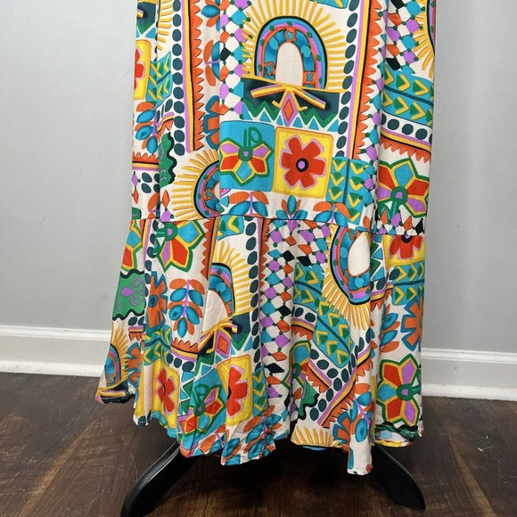 Paper Heart Anthropologie Aztec Sunrise Maxi Long Hi Lo Dress Ruffle Sz M - Picture 4 of 15
